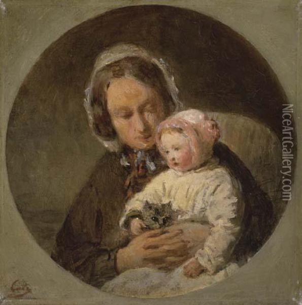 Mere Avec Son Enfant Et Un Chat Oil Painting - Adolphe Felix Cals