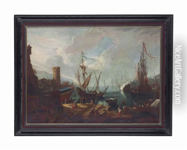 A Mediterranean Harbour With Figures Conversing And Playing Cards In The Foreground, Others Unloading Ships, And Men-of-war By A Fortress On The Docks Oil Painting - Orazio Grevenbroeck