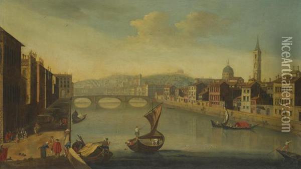 Florence, A View Of The Arno Towards The Bridge Of Santa Trinita Oil Painting - Giuseppe Zocchi