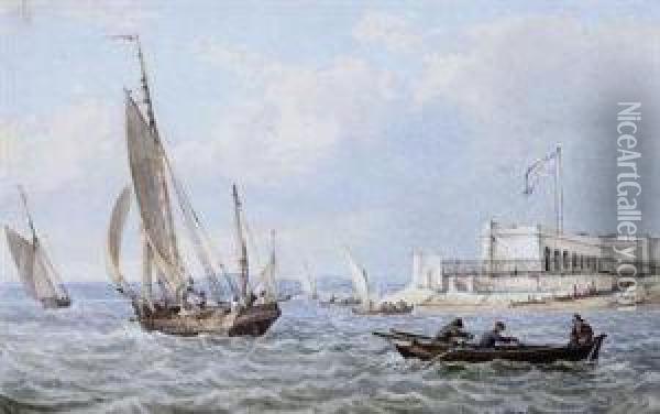Small Craft Running Out Of Portsmouth Harbour With The Tide, Fortblockhouse Beyond Oil Painting - William Joy