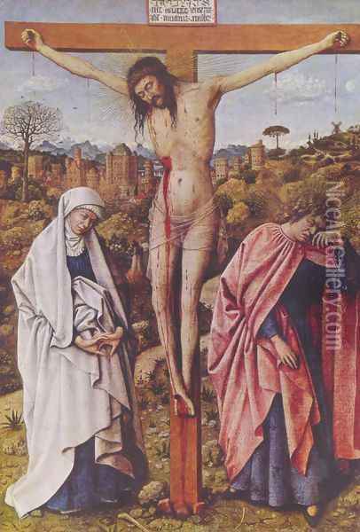 Christ on the cross between Mary and John Oil Painting - Jan Van Eyck