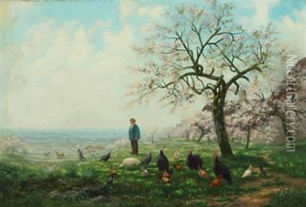 Spring Landscape With Orchard In Blossom And Grazing Turkeys And Hens Oil Painting - Eugene D' Argence