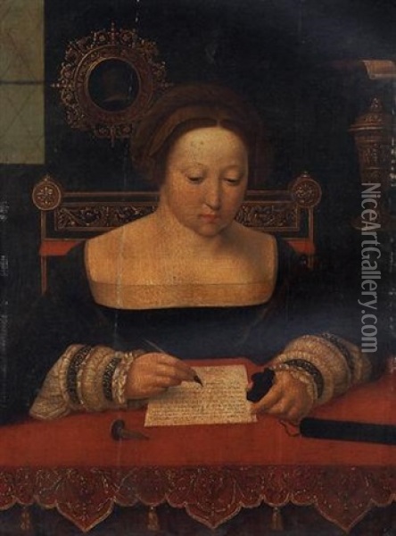 A Woman As The Magdalen, Writing A Letter At A Table In An Interior Oil Painting -  Master of the Female Half Lengths