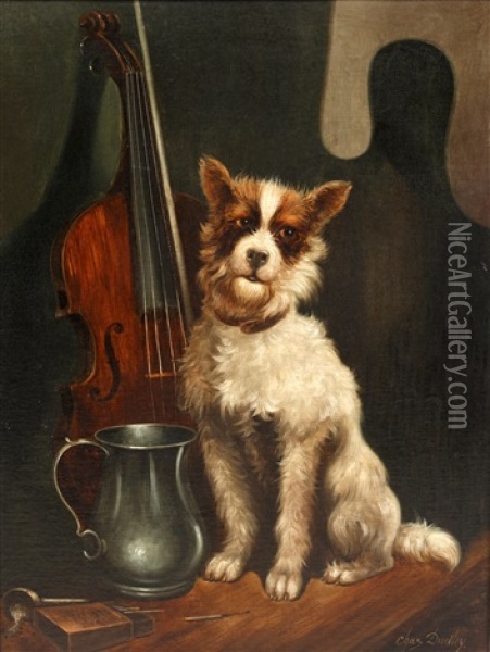 Terrier On Seated On Table Next To Violin Oil Painting - Robert Charles Dudley