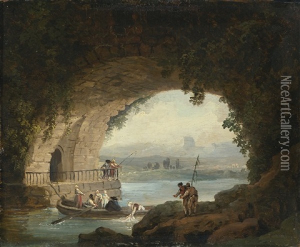 Washerwomen At Work Under The Arch Of A Bridge Oil Painting - Hubert Robert