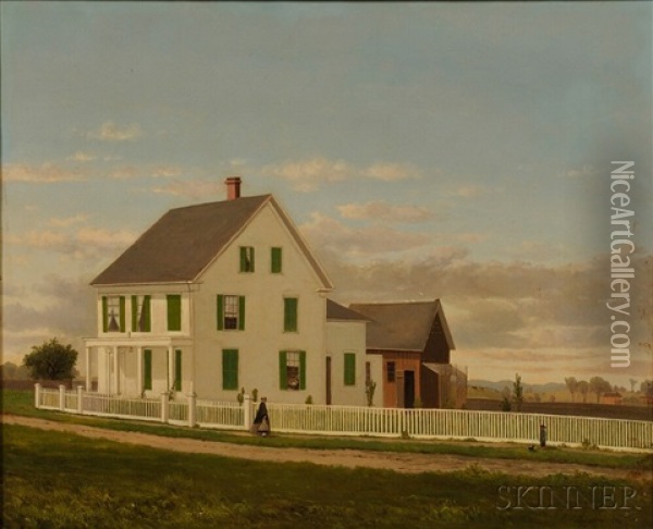 Portrait Of A Farmhouse With Green Shutters And Four Figures Oil Painting - George Frank Higgins