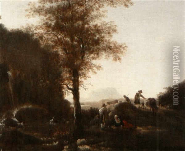 Landscape With Sheperds By A Waterfall Oil Painting - Adam Pynacker