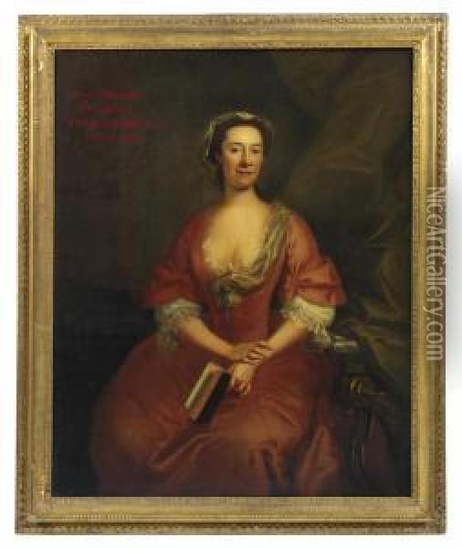 Portrait Of Mary Thomas, Second Wife Of Philip Bartholomew (d.1775), Three-quarter-length, In A Pink Dress With A Lace Collar Andsleeves, Seated In An Interior, Holding An Open Book In Her Lefthand Oil Painting - John Wollaston
