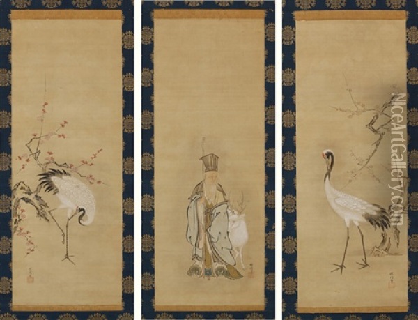God Of Longevity (3 Works) Oil Painting - Tanshin Morimasa Kano