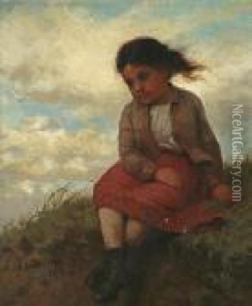 Girl On Hillside Oil Painting - John George Brown