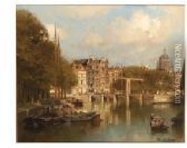 A Sunlit Canal In Amsterdam With The St. Nicolaas Kerk In Thedistance Oil Painting - Johannes Christiaan Karel Klinkenberg