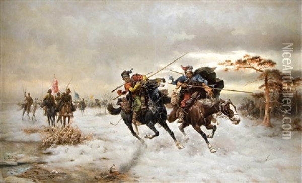 Vienna Riding Cossacks Oil Painting - Adolf (Constantin) Baumgartner-Stoiloff