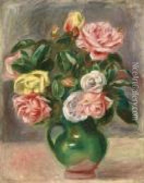 Bouquet De Roses Dans Un Vase Vert Oil Painting - Pierre Auguste Renoir