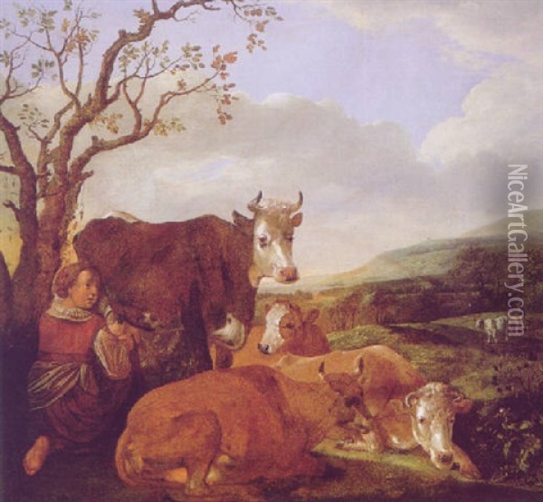 Sudliche Landschaft Mit Kuhen Und Einer Melkenden Frau Oil Painting - Paulus Potter