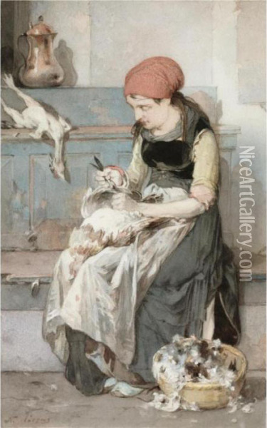 Woman From Psarra Plucking A Rooster Oil Painting - Nikoforos Lytras