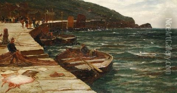 Unloading The Catch Oil Painting - Edwin John Ellis