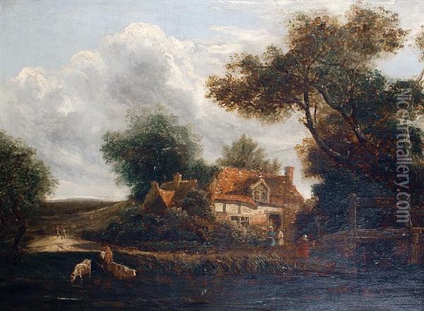 Cattle Watering By A Cottage Oil Painting - Henry John Boddington