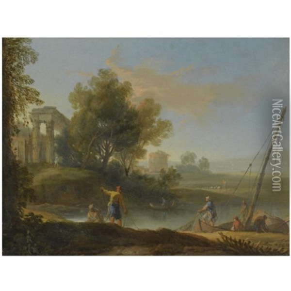 A Fluvial Landscape With Fishermen Unloading Their Nets, Classical Ruins Beyond Oil Painting - Marco Ricci