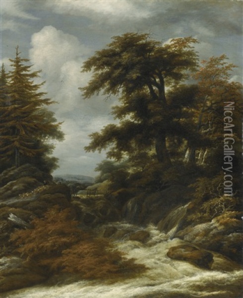 Wooded Landscape With Waterfall Oil Painting - Jacob Van Ruisdael