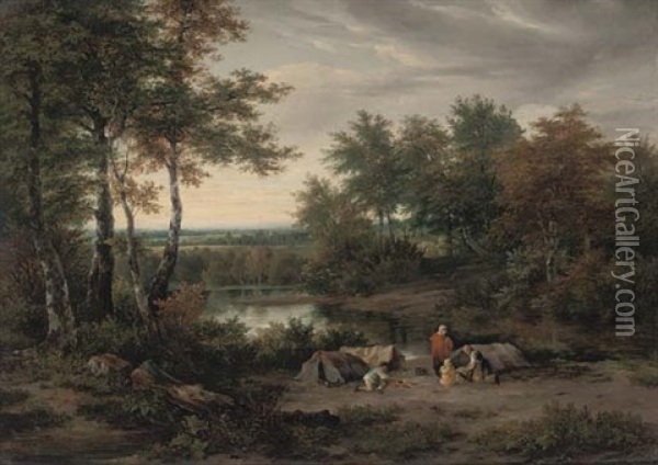 Camping On The River Bank Oil Painting - John Vincent Barber