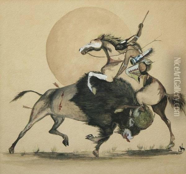 Warrior Killing Buffalo Oil Painting - James Black