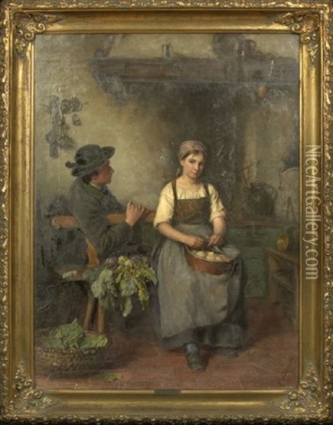 A Kitchen Interior With A Gentleman Courting A Maid Oil Painting - Wilhelm Hasselbach