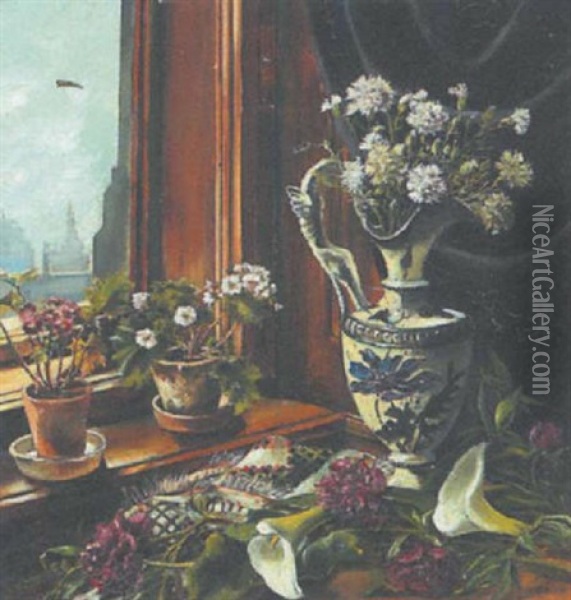 Blumen Am Fenster Mit Sicht Auf Salzburg Oil Painting - Elfriede Mayer
