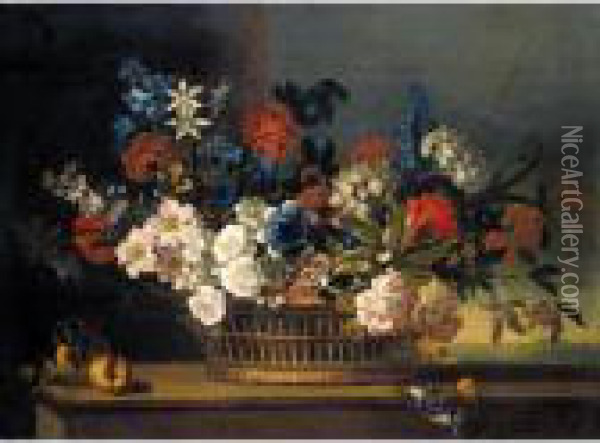 Still Life Of Flowers In A Basket Upon A Ledge Oil Painting - Pieter III Casteels