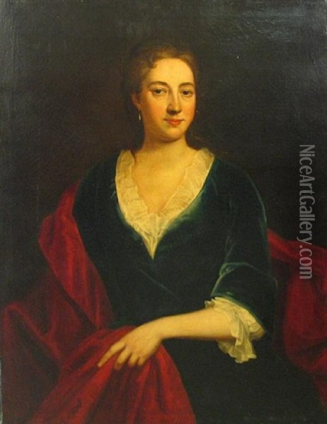 A Portrait Of A Lady, Three-quarter Length With A Red Wrap Oil Painting - John Greenhill