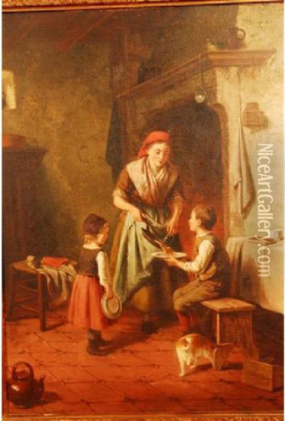 Mother Withdaughter And Son In A Kitchen Oil Painting - Jan Walraven