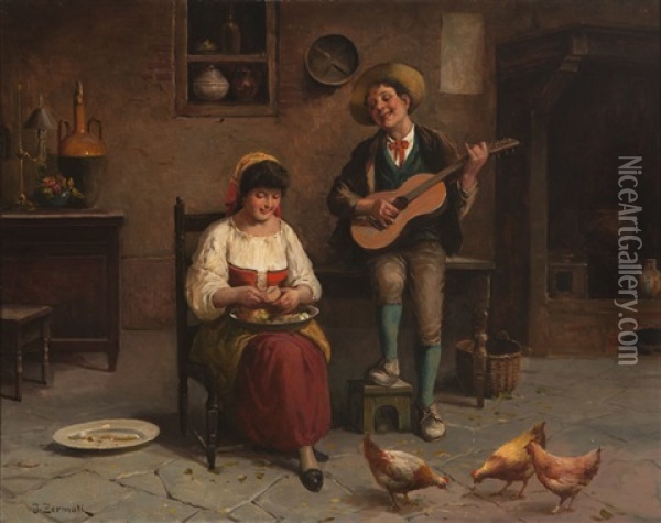 Man Serenading A Woman Peeling Vegetables In An Interior Oil Painting - Jules Zermati