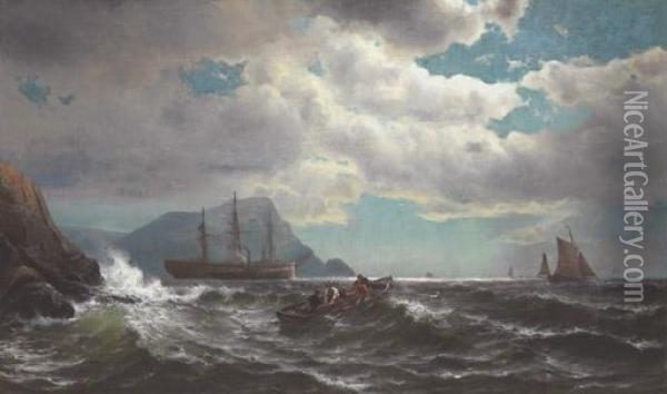 Lobstermen Off A Northeast Coast Probably Maine With A Packet Ship And A Steam Tug In The Distance Oil Painting - Mauritz F. H. de Haas