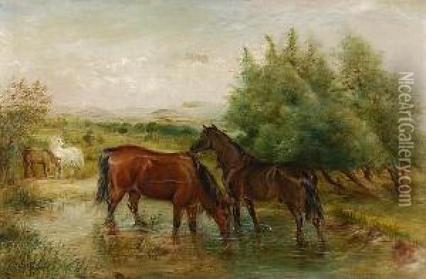 Horses In A Pool Oil Painting - George Thomas Rope