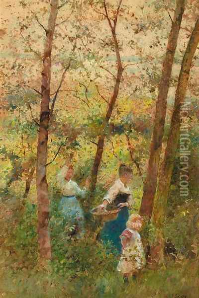 Gathering berries in a wood Oil Painting - Hector Caffieri