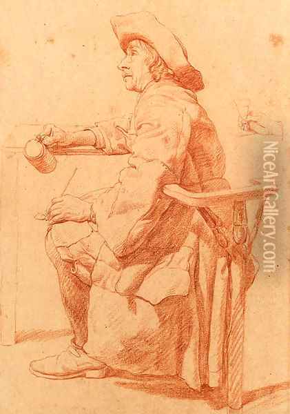 A Man seated at a Table holding a Pul and a Pipe, a subsidiary study of his hand holding a glass Oil Painting - Jan Jozef, the Younger Horemans