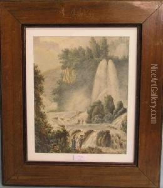 Anglerpaar Vor Gebirgsfluss Mit Wasserfall Oil Painting - Ivor I.J. Symes