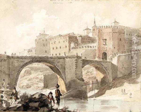 A View Of The Bridge At Toledo Oil Painting - David-Alphonse, Baron De Sandoz-Rollin
