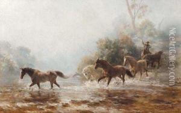 Horses Crossing The Stream Oil Painting - Jan Hendrik Scheltema