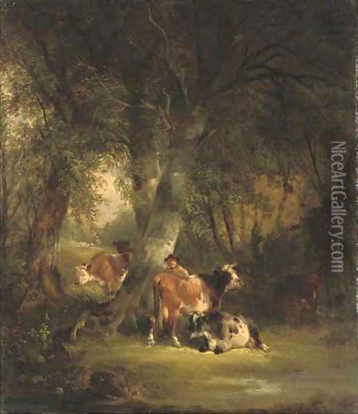 Wooded landscape with a drover and cattle in the foreground Oil Painting - William Joseph Shayer