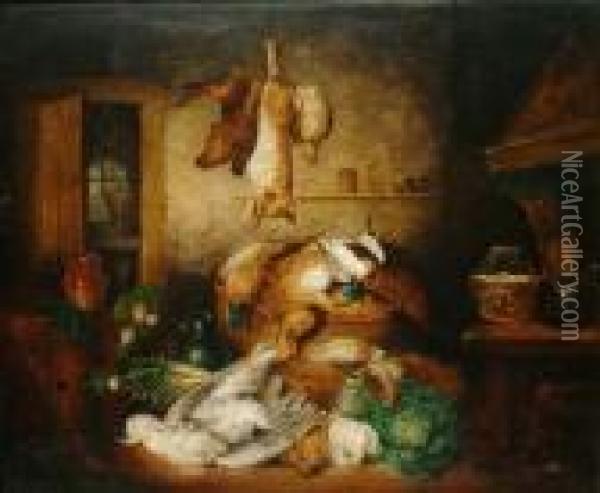 Still Life Of Game, Including Pheasants, Hares, Partridge And Vegetables In A Pantry Oil Painting - Benjamin Blake
