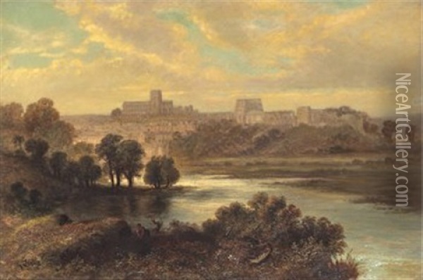 Carlisle - Flodlandskap Med Figurer, Stad I Bakgrunden Oil Painting - George Dunlop Leslie