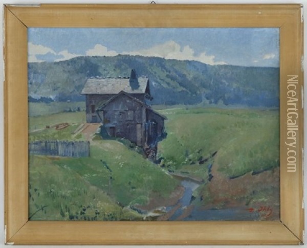 Le Vieux Moulin, Pres De Neuchatel (+ Paysage Lacustre, Lrgr; 2 Works) Oil Painting - Jean Daniel Ihly
