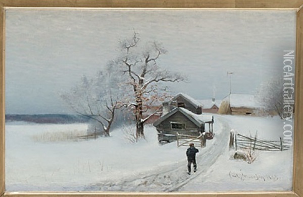 Promenad I Vinterlandskap Oil Painting - Carl (August) Johansson