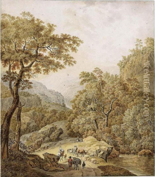 An Extensive Mountainous 
Landscape With Waterfalls And Peasants With Their Flocks On A Path, 
After Jan Hackert Oil Painting - Daniel Dupre