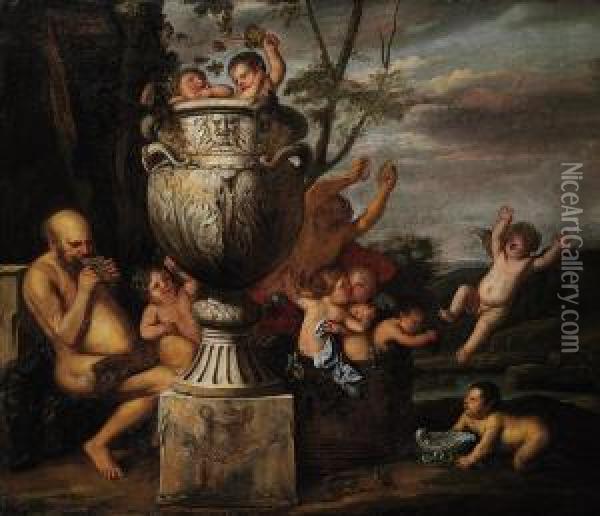 A Bacchanalian Scene With Pan An Putti Pressing Grapes - Anallegory Of Autumn Oil Painting - Carel Philip Spierincks