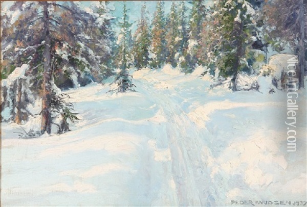 A Path Through A Forest On A Sunny Winter Day Oil Painting - Peder Jacob Marius Knudsen