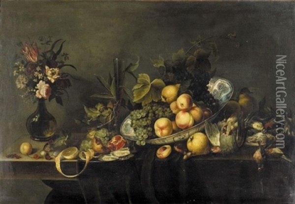 Still Life Of Peaches And Grapes In A Porcelain Dish, A Partly Peeled Lemon, An Open Pomegranate And Loose Cherries, Along With Dead Game, Oysters And Hazelnuts, All Arranged On A Partly Draped Table Oil Painting - Michiel Simons