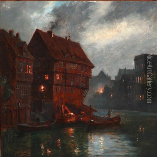 Evening Atmosphere In Nuremberg Oil Painting - August Fischer