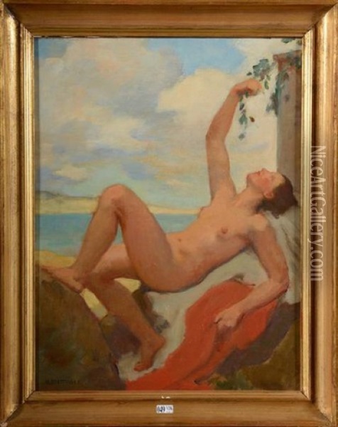 Femme Nue Allongee Sur Une Terrasse En Bord De Mer Oil Painting - Hugo Boettinger