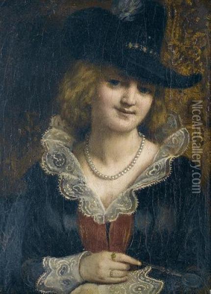 Brustbild Einer Jungen Frau Mit Spitzenkragen Und Hut. Oil Painting - Hugo Crola